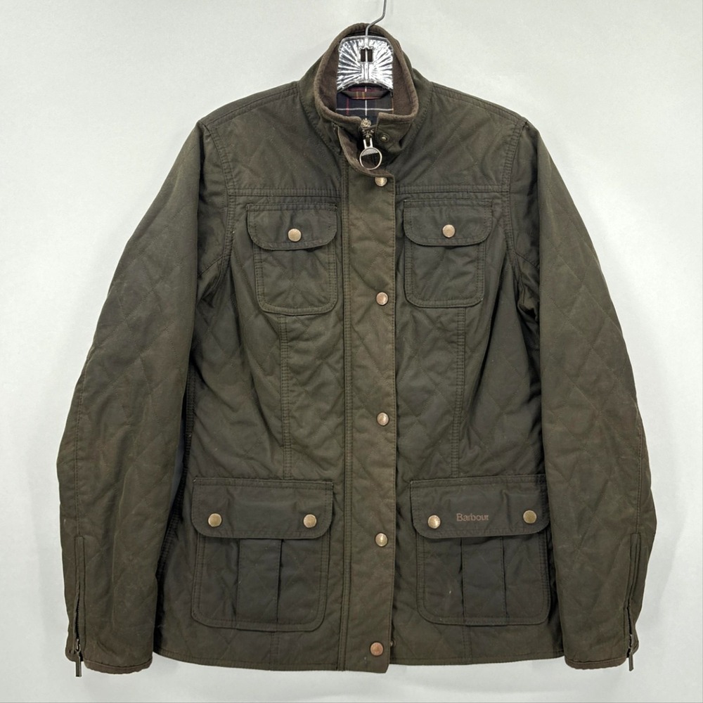 Barbour Jacket Womens 6 Green Quilted Utility Waxed Cotton Tartan Lined Outdoor